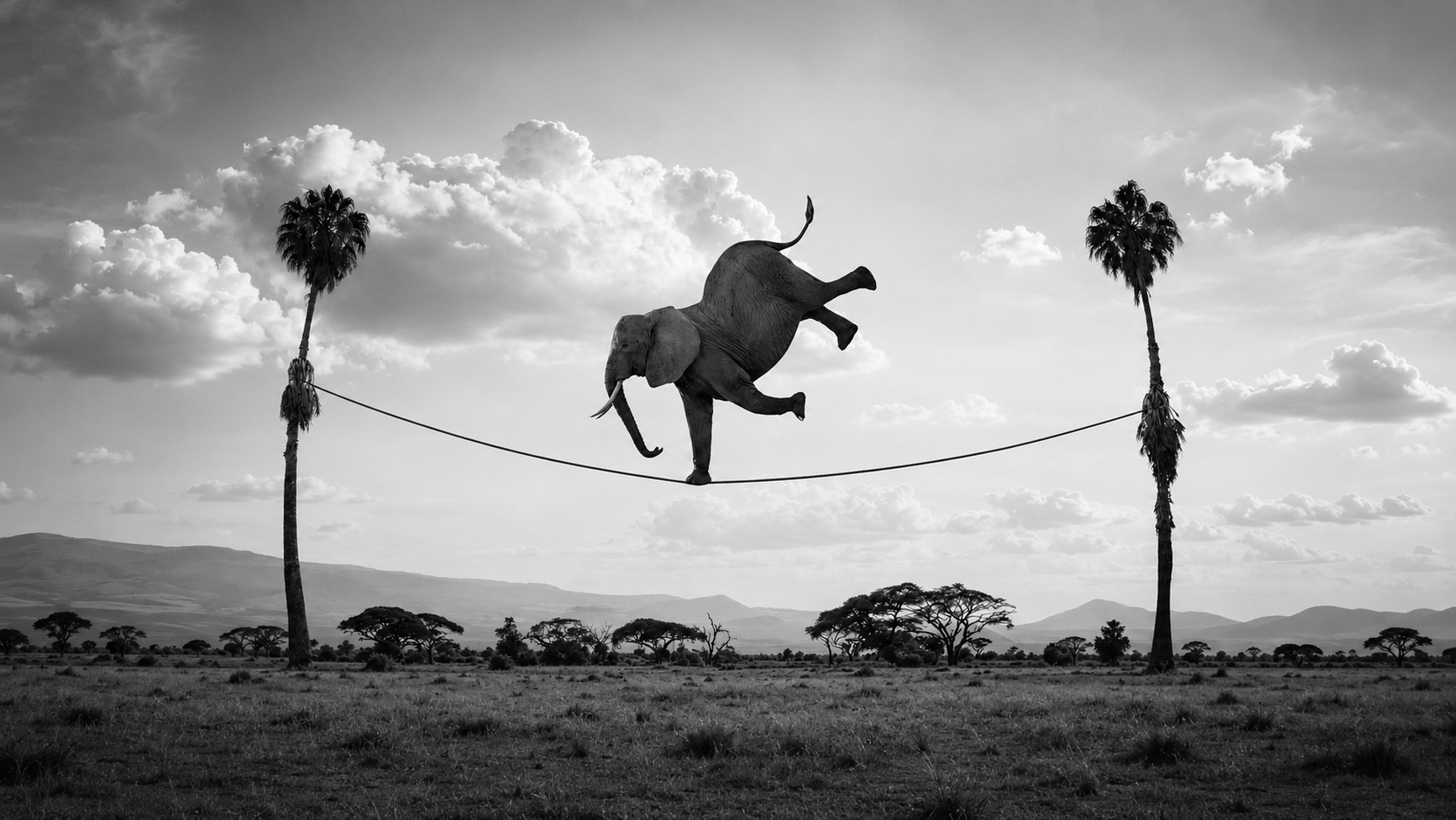 Elefante in equilibrio su una fune tesa tra due palme